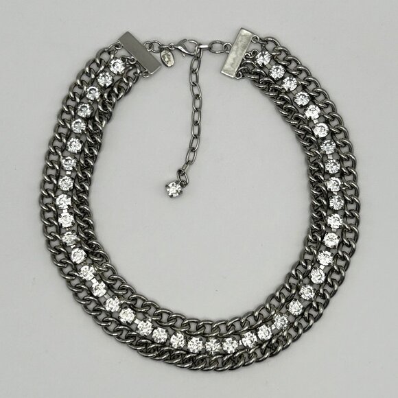 Cookie Lee Silver Tone Double Row Rhinestone Statement Adjustable Necklace - Picture 1 of 10